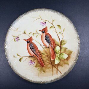 Ceramic Red Cardinals Wall Plate Gold Rim Floral Design 8.25" Diameter